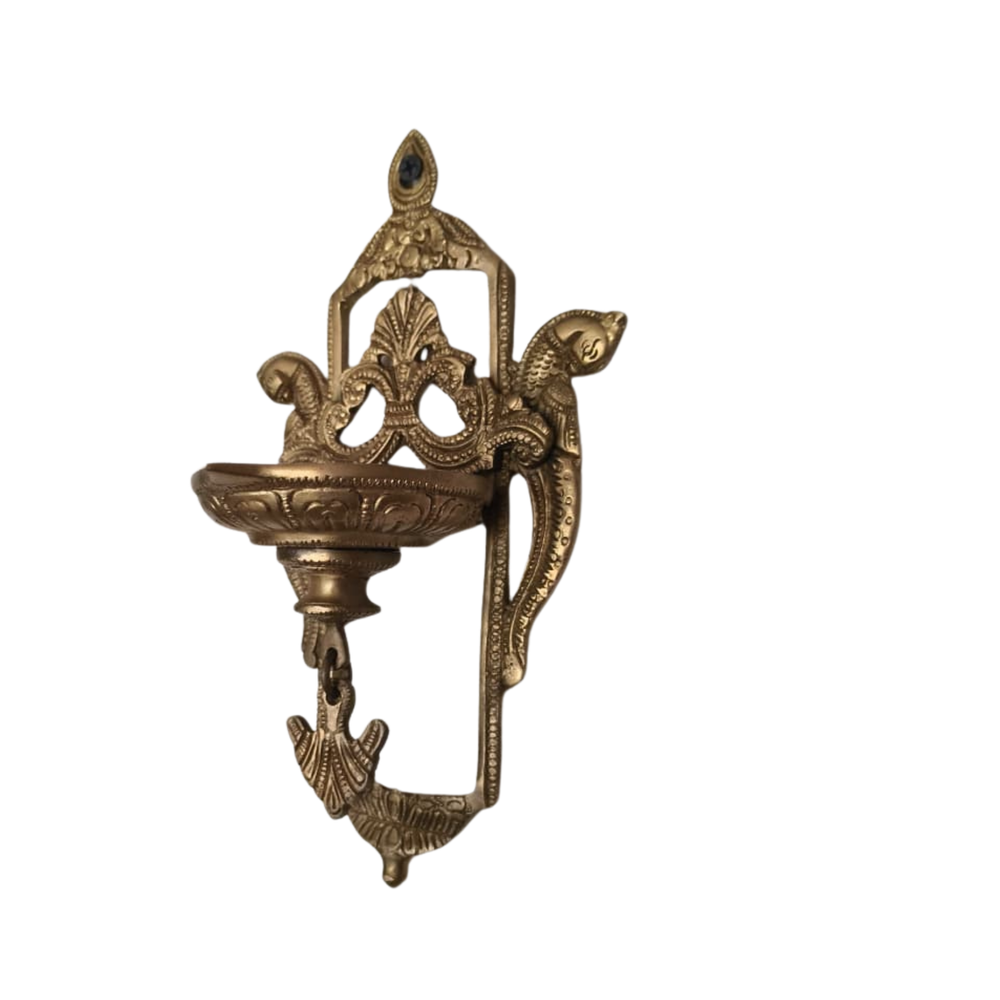 Traditional Brass Peacock Wall Diya – Handcrafted Hanging Oil Lamp   Brass Artwork