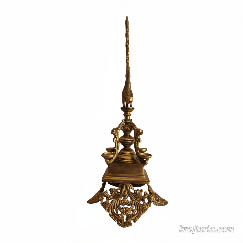Brass Peacock Pedestal Diya – 4 Wick Traditional Standing Oil Lamp   Brass Artwork