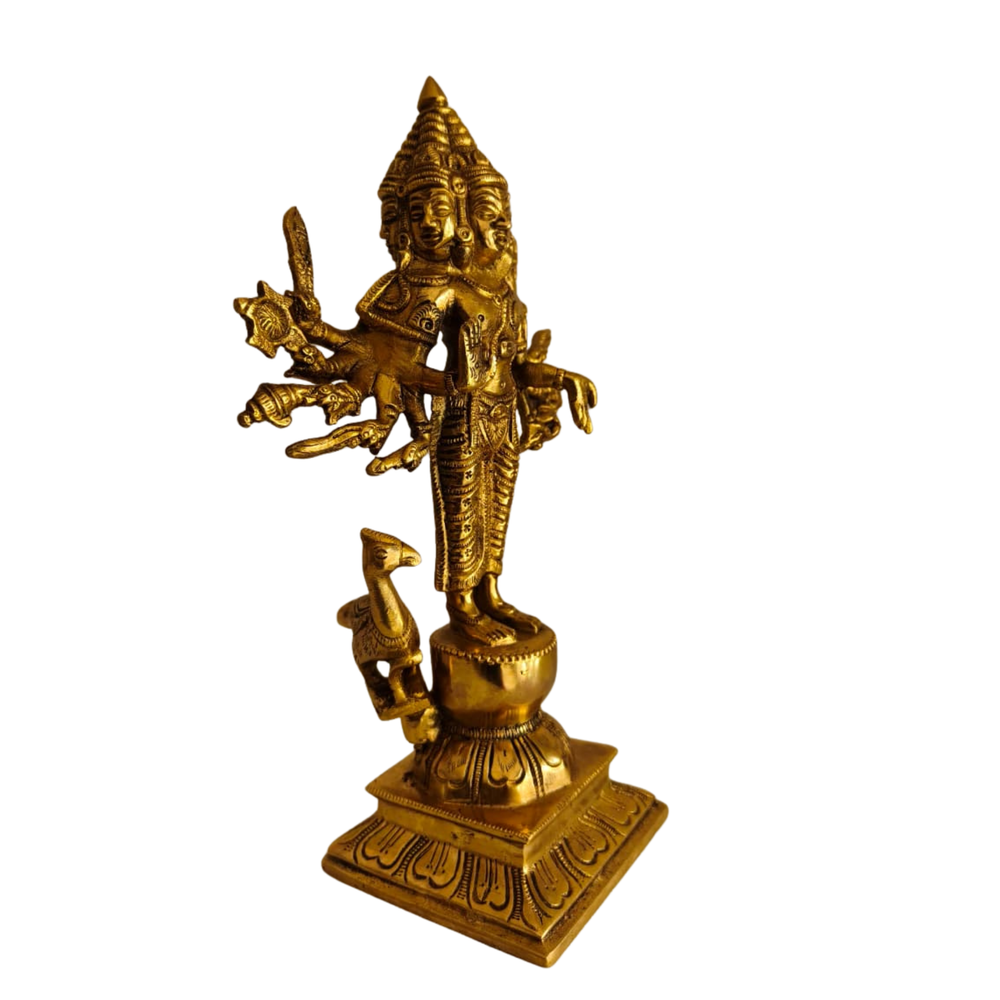 Shanmukha Murugan Brass Idol - 6 Faced Lord Kartikeya Statue with Vel and Peacock   Brass Artwork