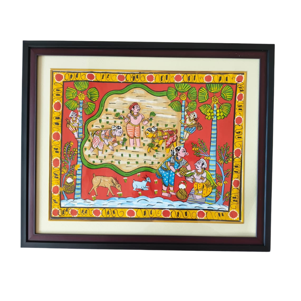 Hand-Painted Paddy Fields & Toddy Tappers Cheriyal Painting   Cheriyala Painting