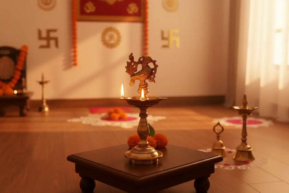 Brass Peacock Oil Lamp – Standing Pooja Deepam   Brass Ware