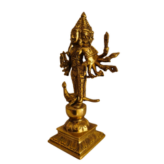 Shanmukha Murugan Brass Idol - 6 Faced Lord Kartikeya Statue with Vel and Peacock   Brass Artwork