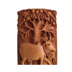 Intricate Cylindrical Wooden Carving with Ganesha and Sacred Cow Scenes