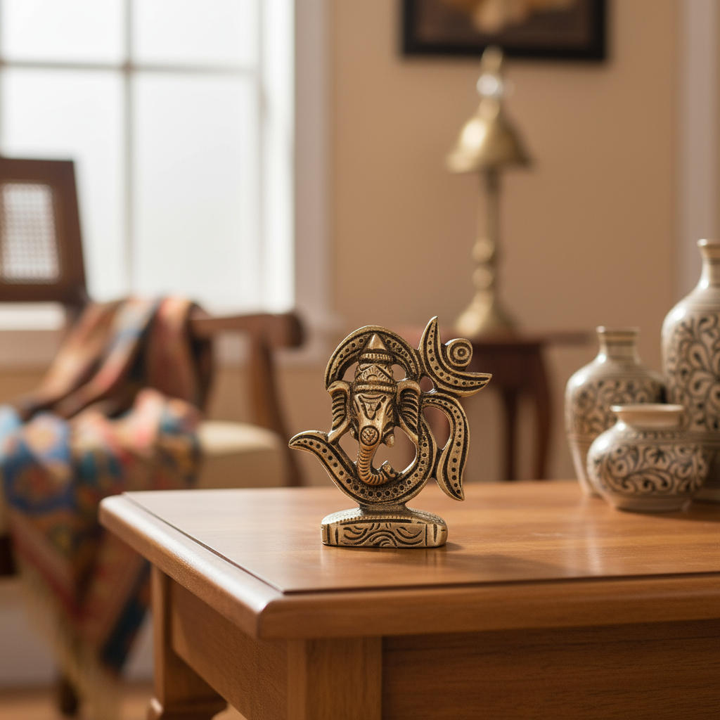 Golden Brass Lord Ganesha within Om (Aum) Symbol Statue