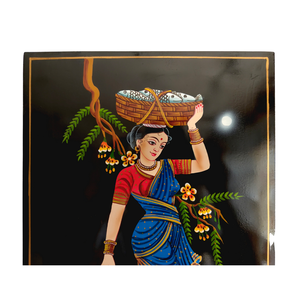 Traditional moonlit fisherwoman art