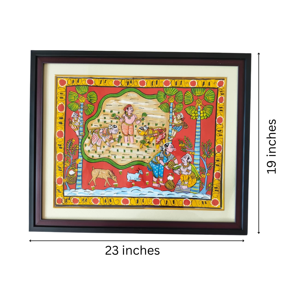 Hand-Painted Paddy Fields & Toddy Tappers Cheriyal Painting   Cheriyala Painting