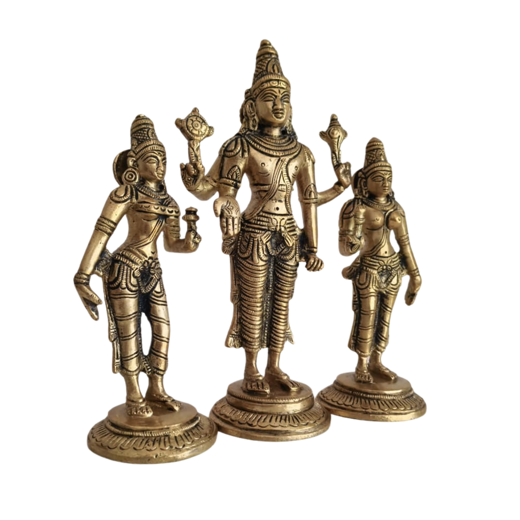 Brass Trimurti Idol of Lord Vishnu, Lakshmi, and Saraswati