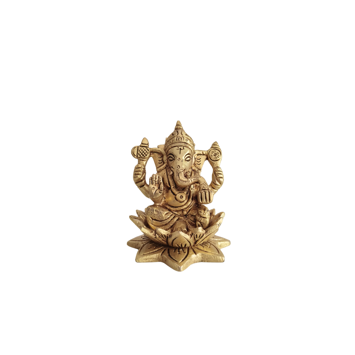 Golden Brass Lord Ganesha Idol Seated on a Lotus