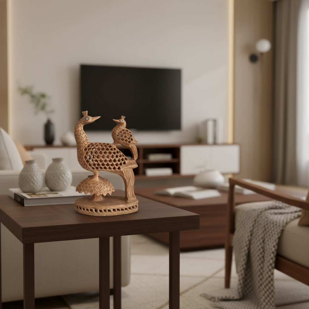 A hand-carved light wooden figurine depicting two peacocks, one large and one small, with intricate filigree cut-out patterns on their bodies and small blue eye accents, all on a decorative base.