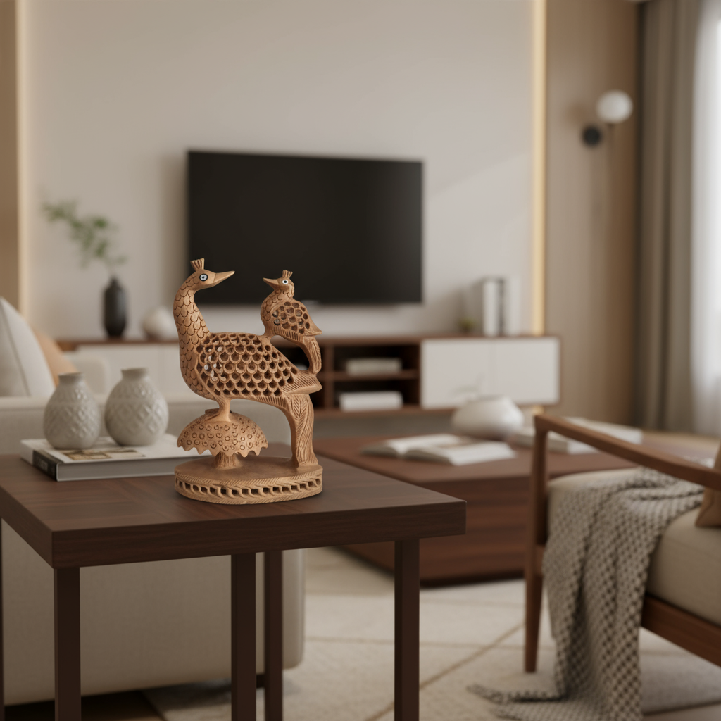 A hand-carved light wooden figurine depicting two peacocks, one large and one small, with intricate filigree cut-out patterns on their bodies and small blue eye accents, all on a decorative base.