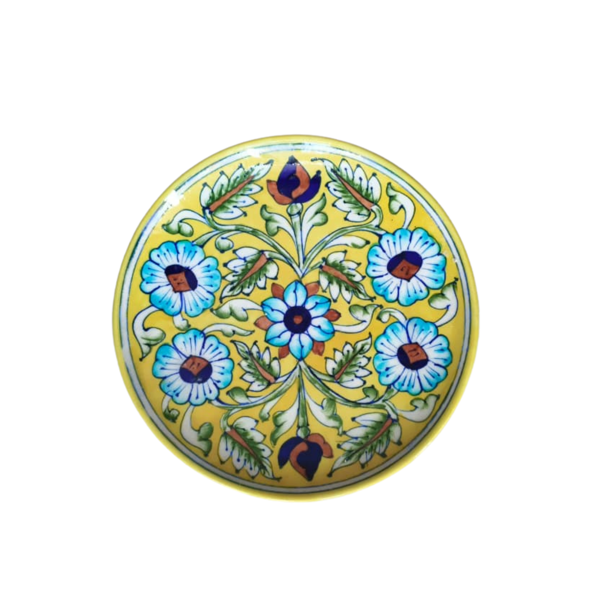 Hand-Painted Blue Pottery Floral Wall Plate | Yellow Decorative Quartz Art