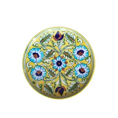 Hand-Painted Blue Pottery Floral Wall Plate | Yellow Decorative Quartz Art