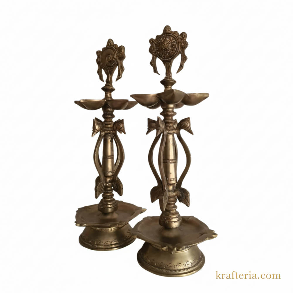 Grand Brass Shankh Chakra Pedestal Lamps | Pair of Traditional Tall Vishnu Symbol Diyas   Brass Artwork