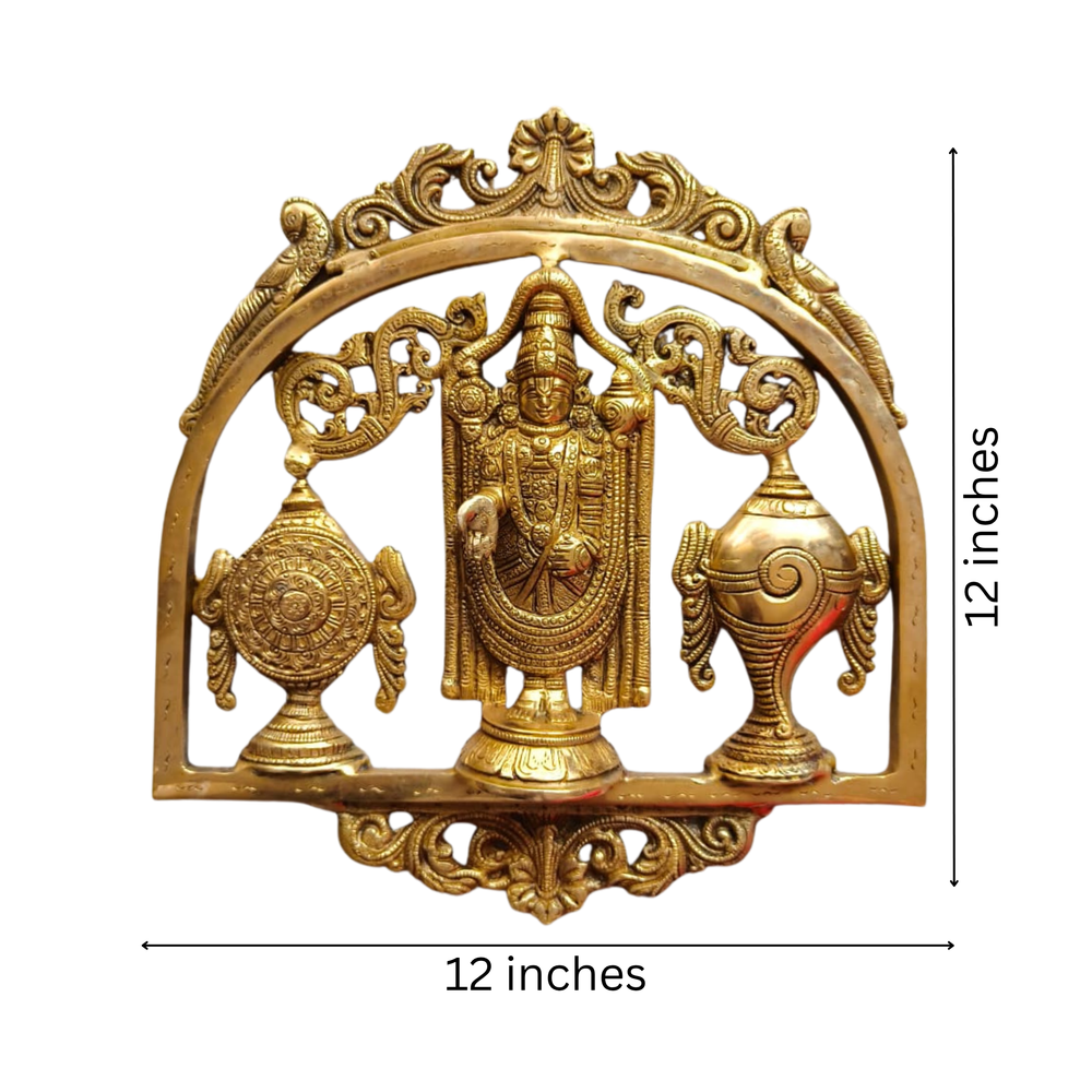 Lord Venkateswara Brass Wall Hanging with Shankh & Chakra - Balaji Prabhavali Wall Art   Brass Artwork