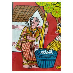Village Grain Pounding Scene - Telangana Cheriyal Scroll Art   Cheriyala Painting