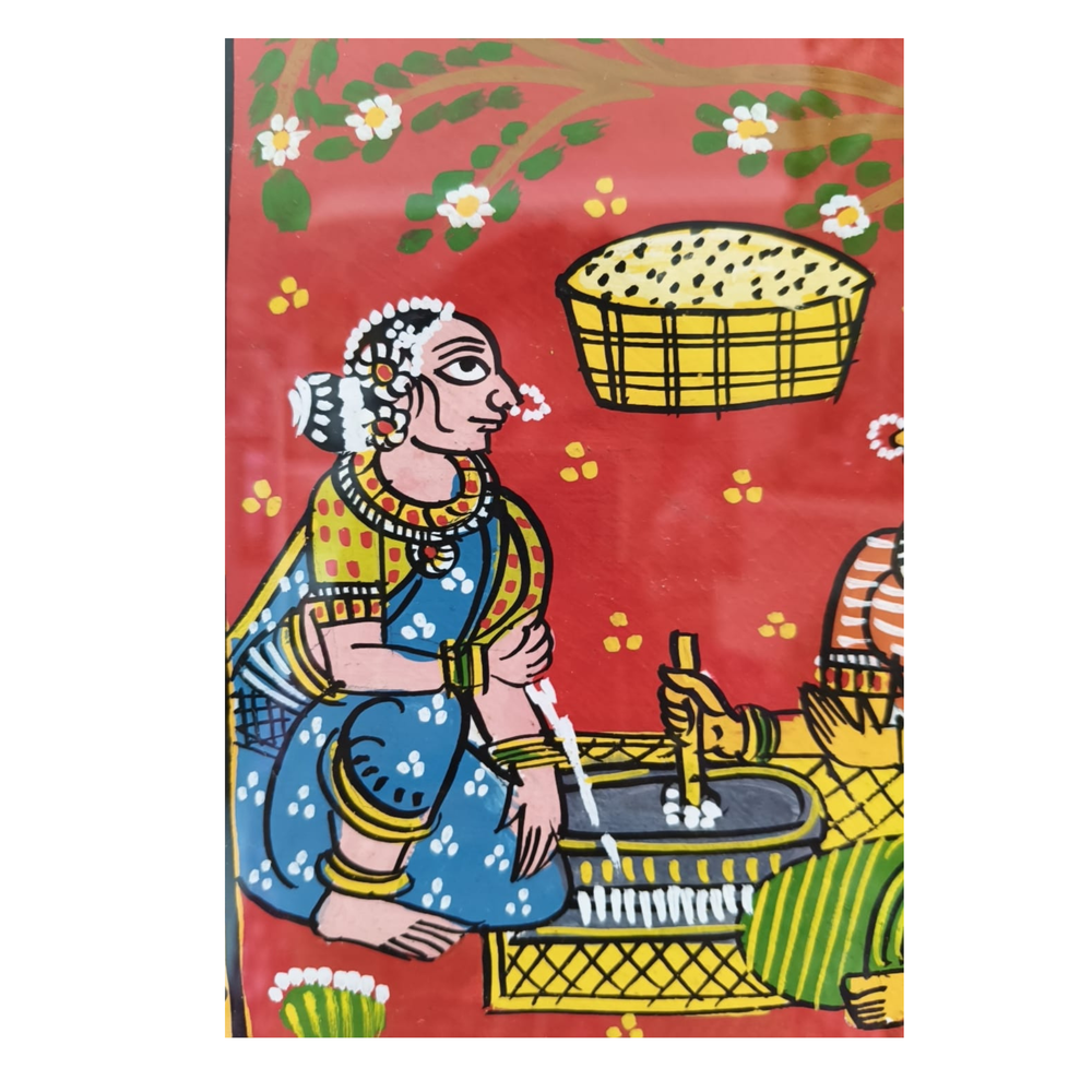 Traditional Grinding Stone Village Artwork - Framed Cheriyal Painting   Cheriyala Painting