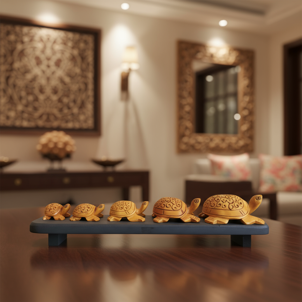 Hand-carved wooden turtle family sculpture displayed on wooden base symbolizing harmony and longevity