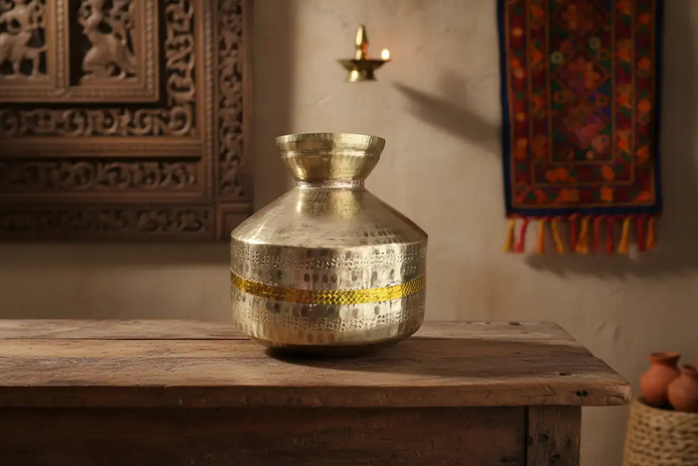 Handcrafted brass pot with hammered texture and gold accent