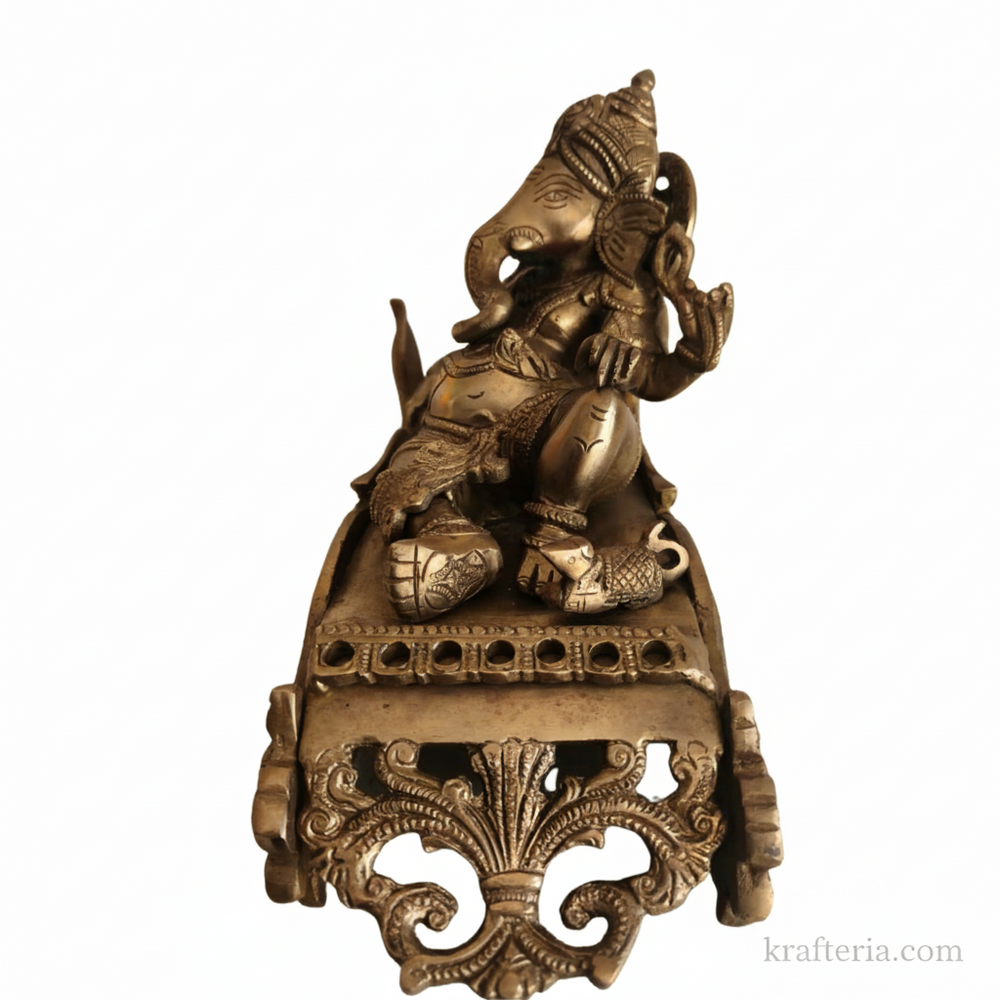 Brass Reclining Ganesha Statue – Traditional Relaxed Ganesha on Peacock Couch Idol   Brass Artwork