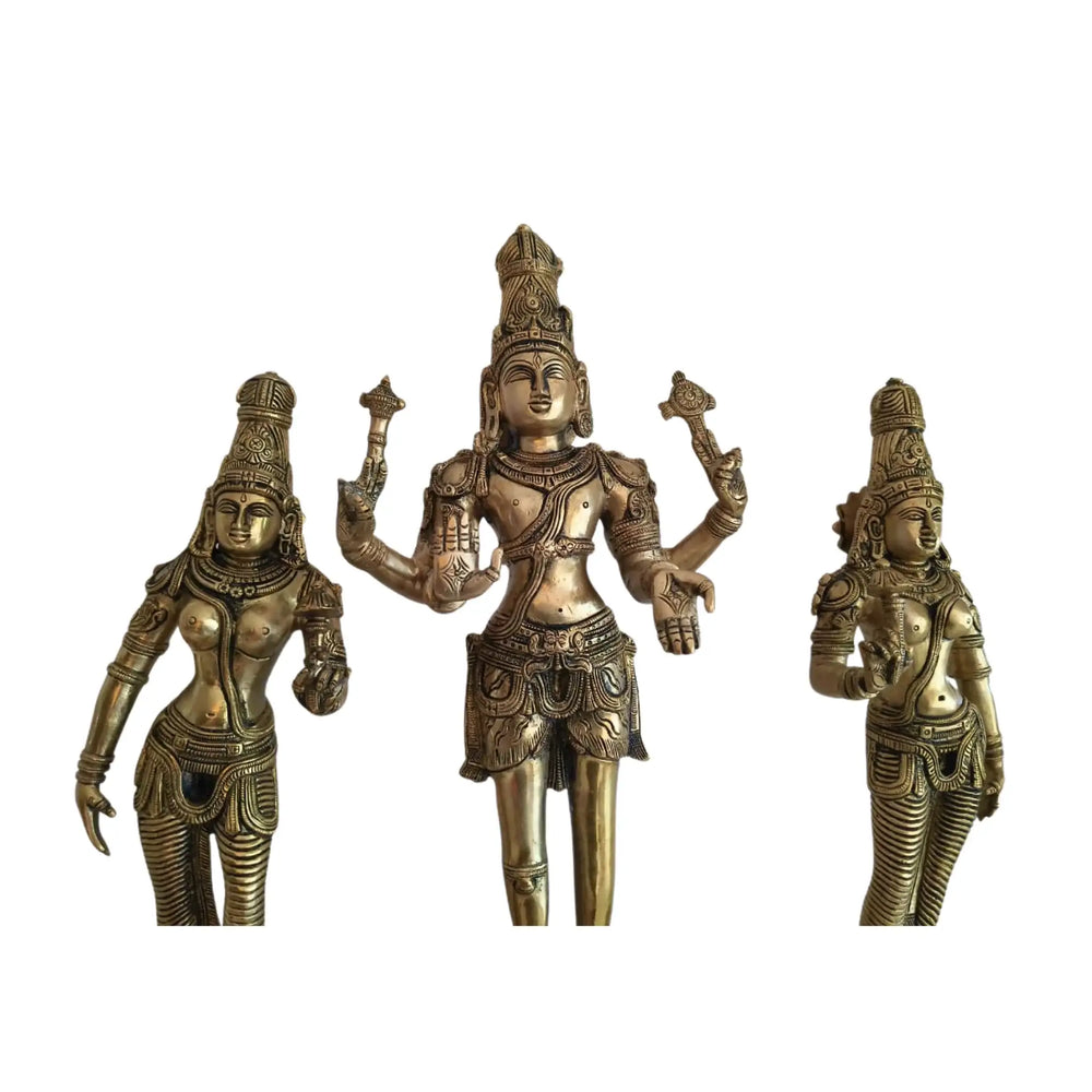 Brass Vishnu Lakshmi Bhudevi Statue Set – Antique Finish Hindu Deity Trio Idol   Brass Ware