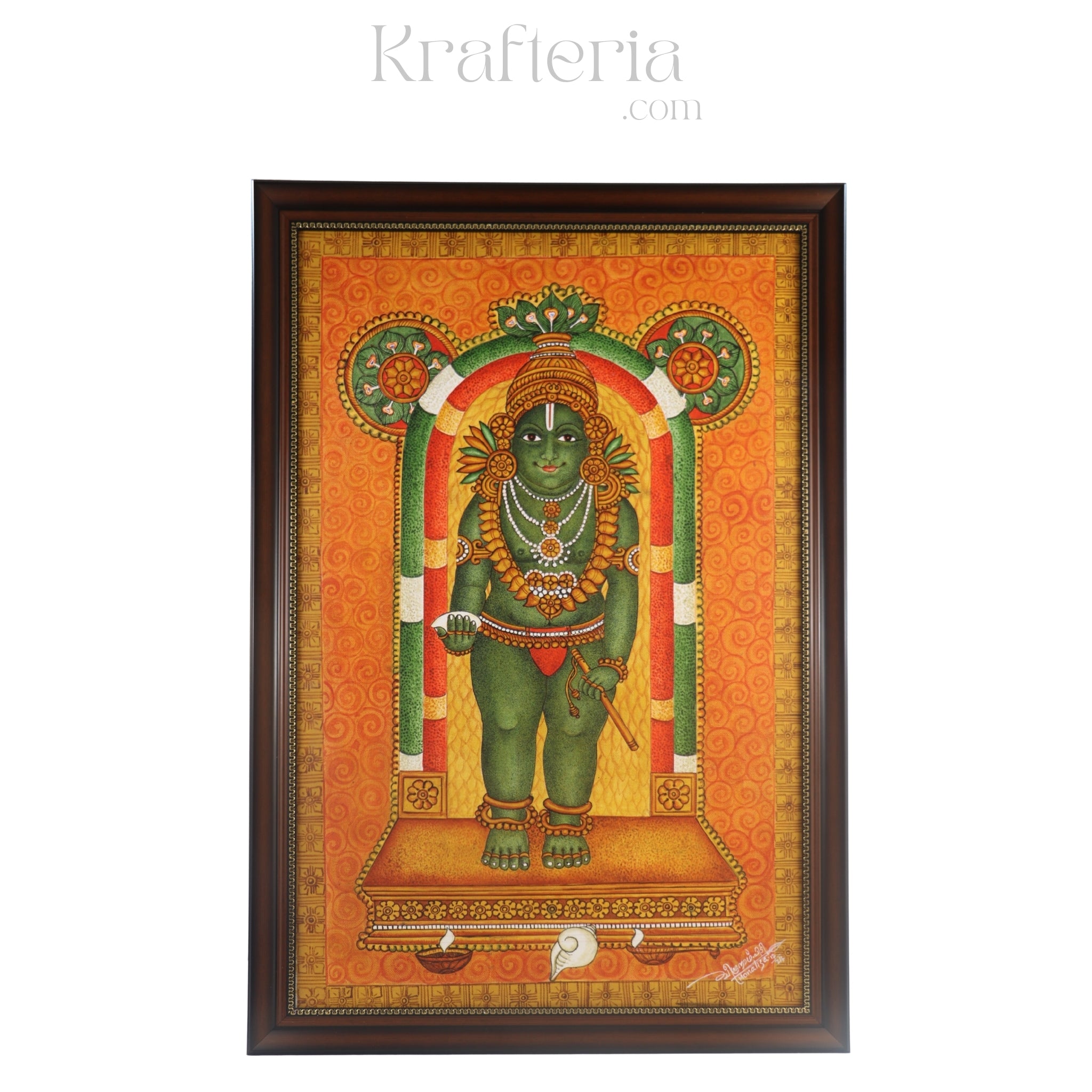 Guruvayurappan, Colorful artwork of a deity with intricate designs on an orange background, featuring the brand 'Krafteria'.