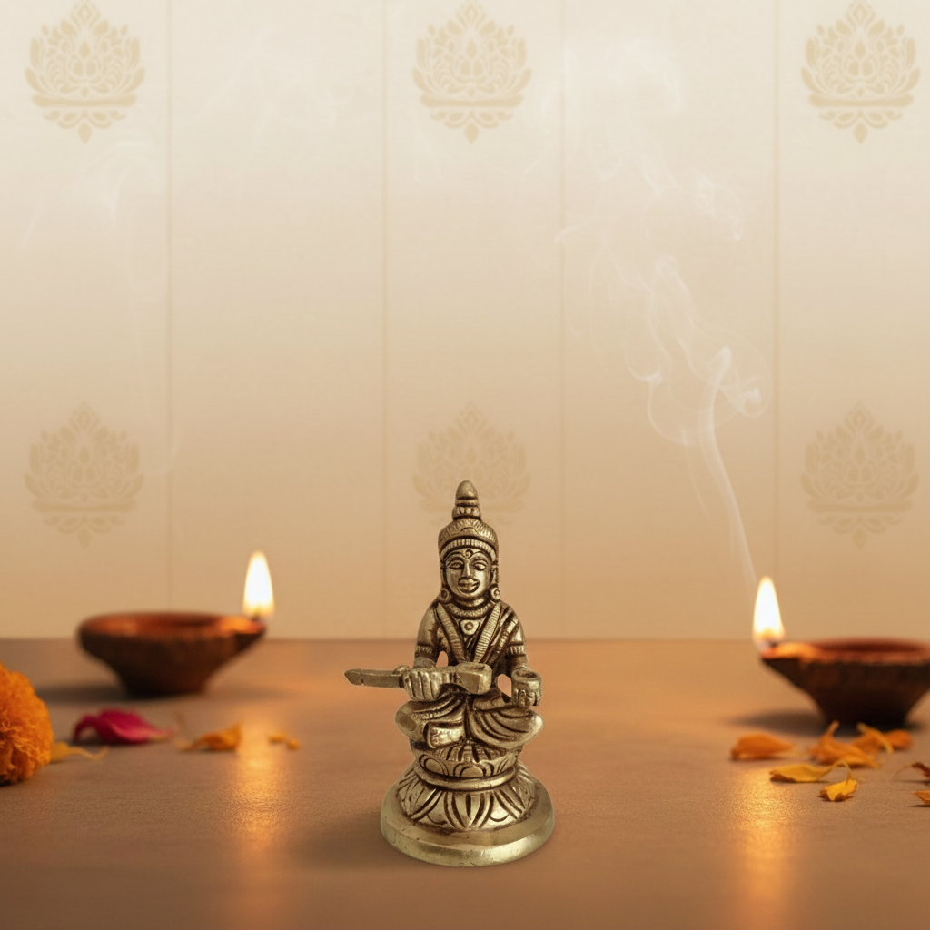 Brass Idol of Goddess Annapurna Seated on a Pedestal, The Hindu Deity of Food,