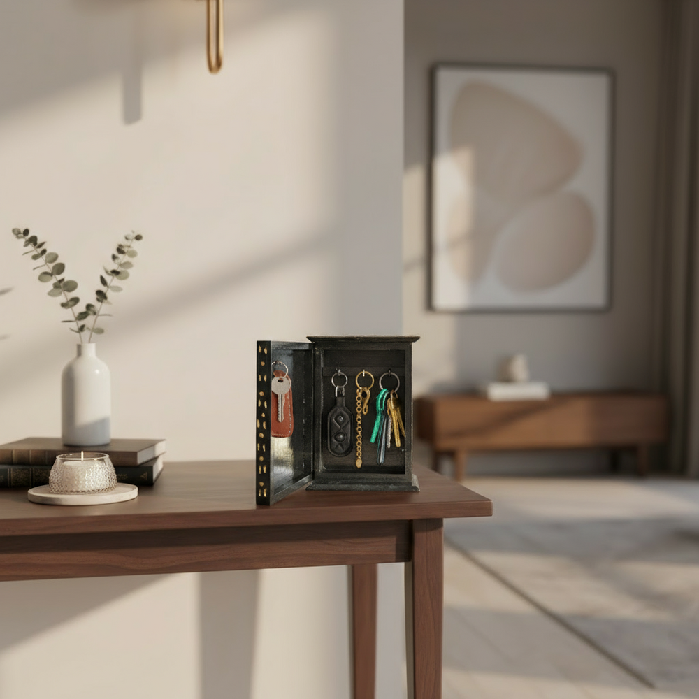 Hand-painted wooden jewellery box featuring traditional Indian lady and deer artwork with key hooks and compartments