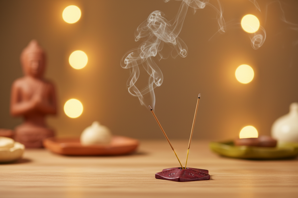 Handcrafted red soapstone incense stick holder with carved detailing.