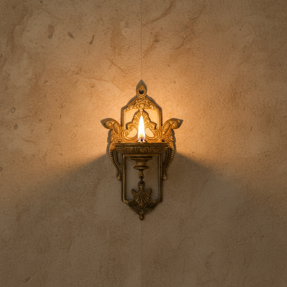 Traditional Brass Peacock Wall Diya – Handcrafted Hanging Oil Lamp   Brass Artwork