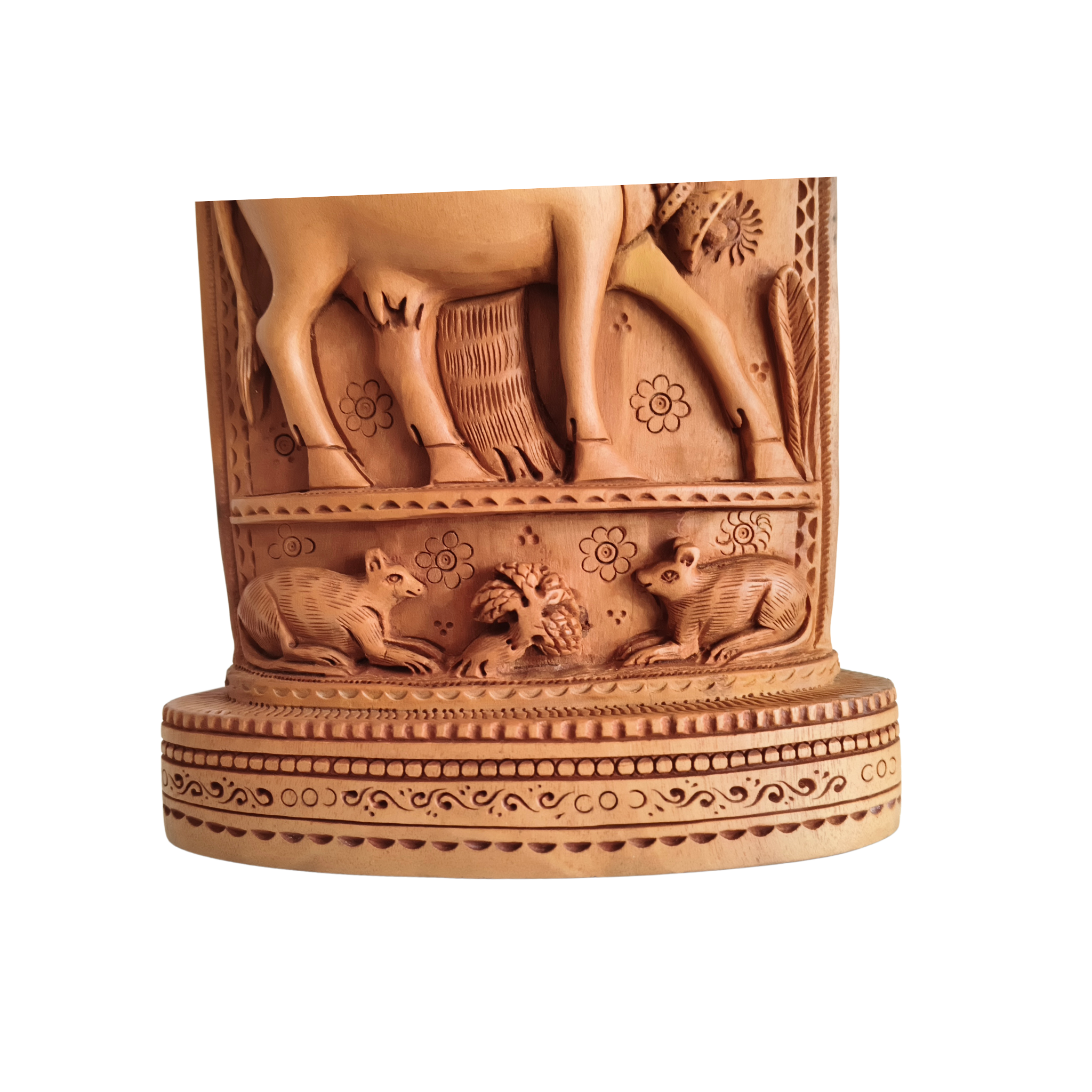 Intricate Cylindrical Wooden Carving with Ganesha and Sacred Cow Scenes
