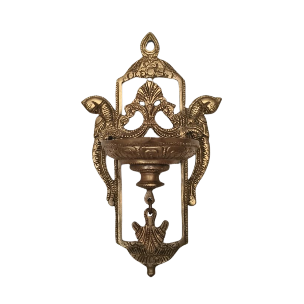 Traditional Brass Peacock Wall Diya – Handcrafted Hanging Oil Lamp   Brass Artwork