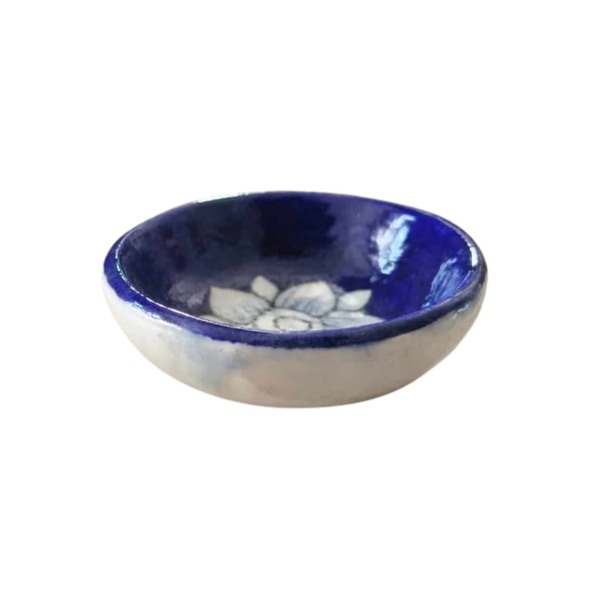 Round Blue Pottery Diya with Floral Accent | Hand-Painted Oil Lamp