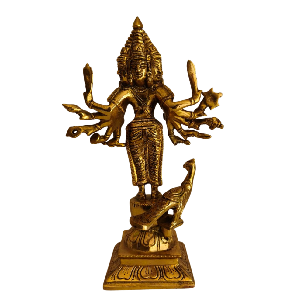 Shanmukha Murugan Brass Idol - 6 Faced Lord Kartikeya Statue with Vel and Peacock   Brass Artwork