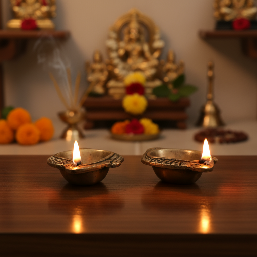 Set of Two Traditional Brass Diyas (Oil Lamps)