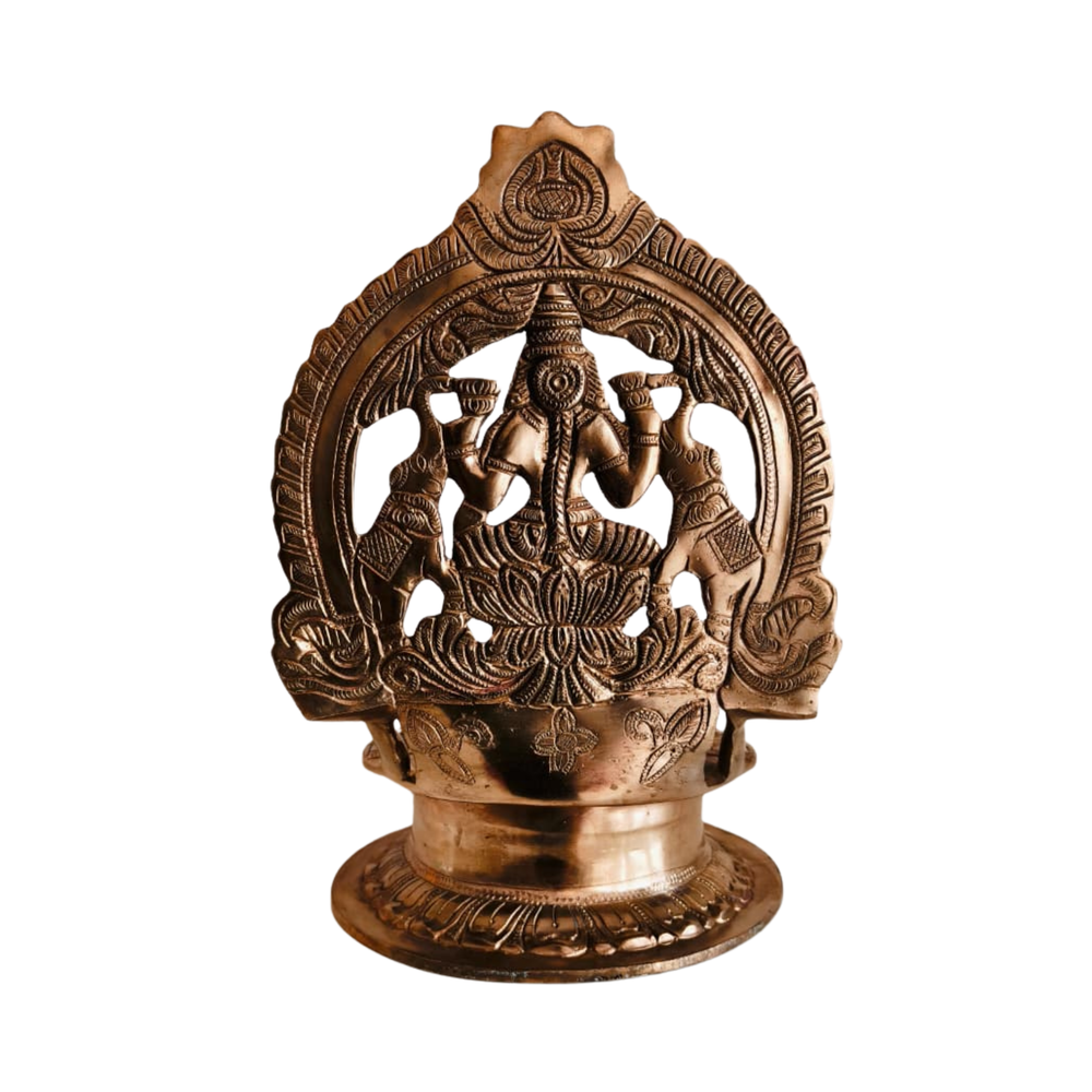 Handcrafted Gajalakshmi Brass Prabhavali Diya – Traditional Goddess Lakshmi Altar Lamp   Brass Artwork