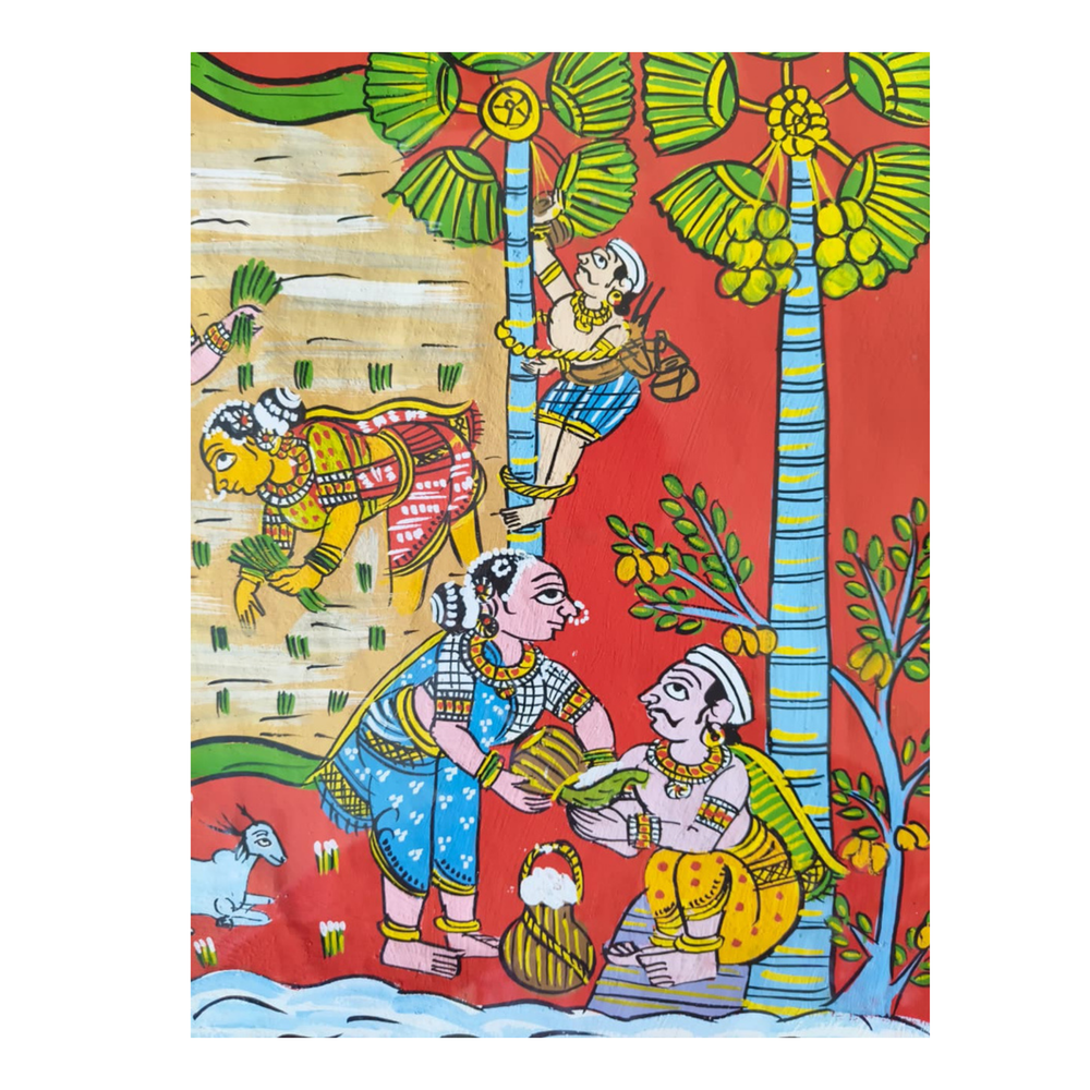 Hand-Painted Paddy Fields & Toddy Tappers Cheriyal Painting   Cheriyala Painting