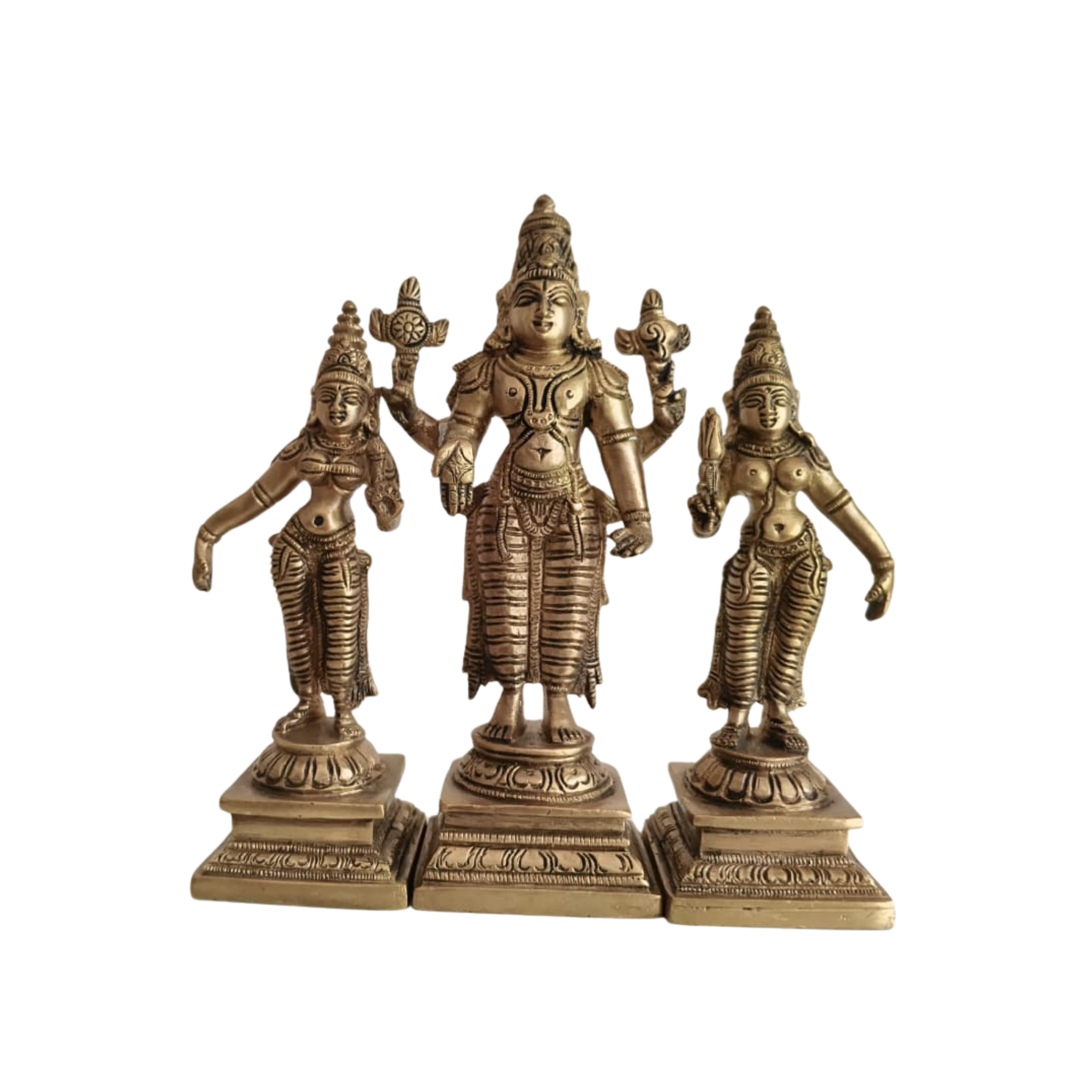Brass Lord Vishnu with Consorts Idol Set Sridevi & Bhudevi / Lakshmi & Saraswati