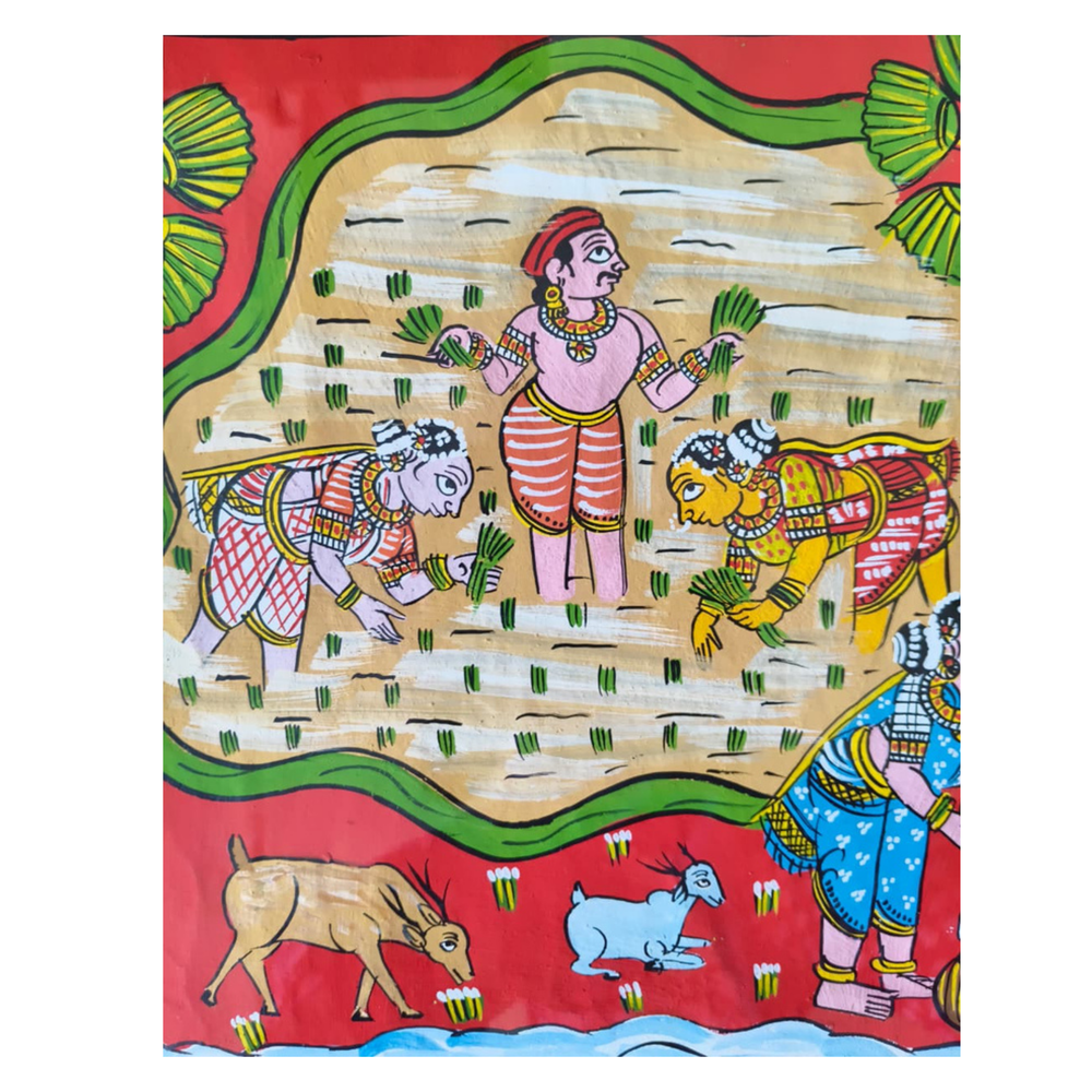 Hand-Painted Paddy Fields & Toddy Tappers Cheriyal Painting   Cheriyala Painting