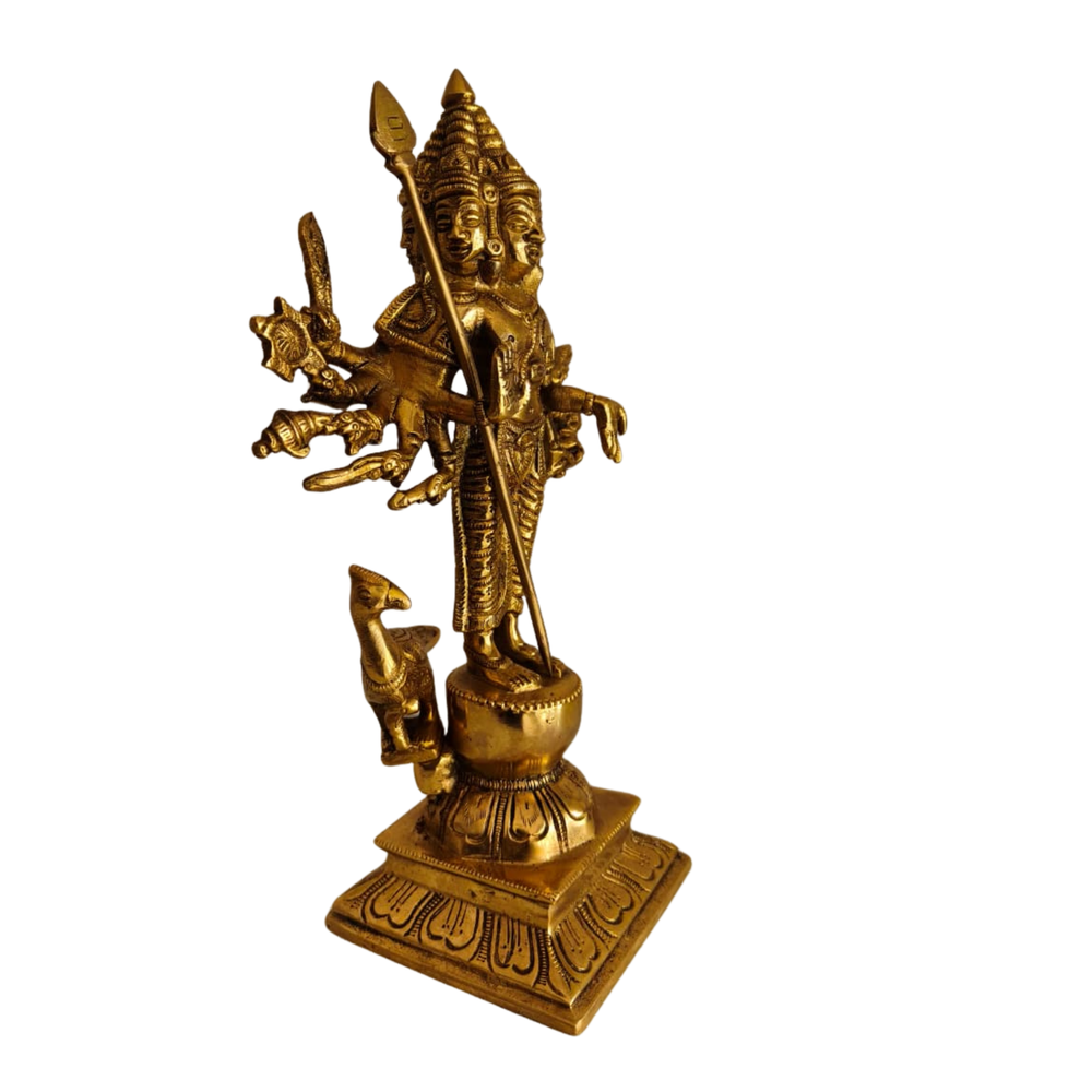 Shanmukha Murugan Brass Idol - 6 Faced Lord Kartikeya Statue with Vel and Peacock   Brass Artwork