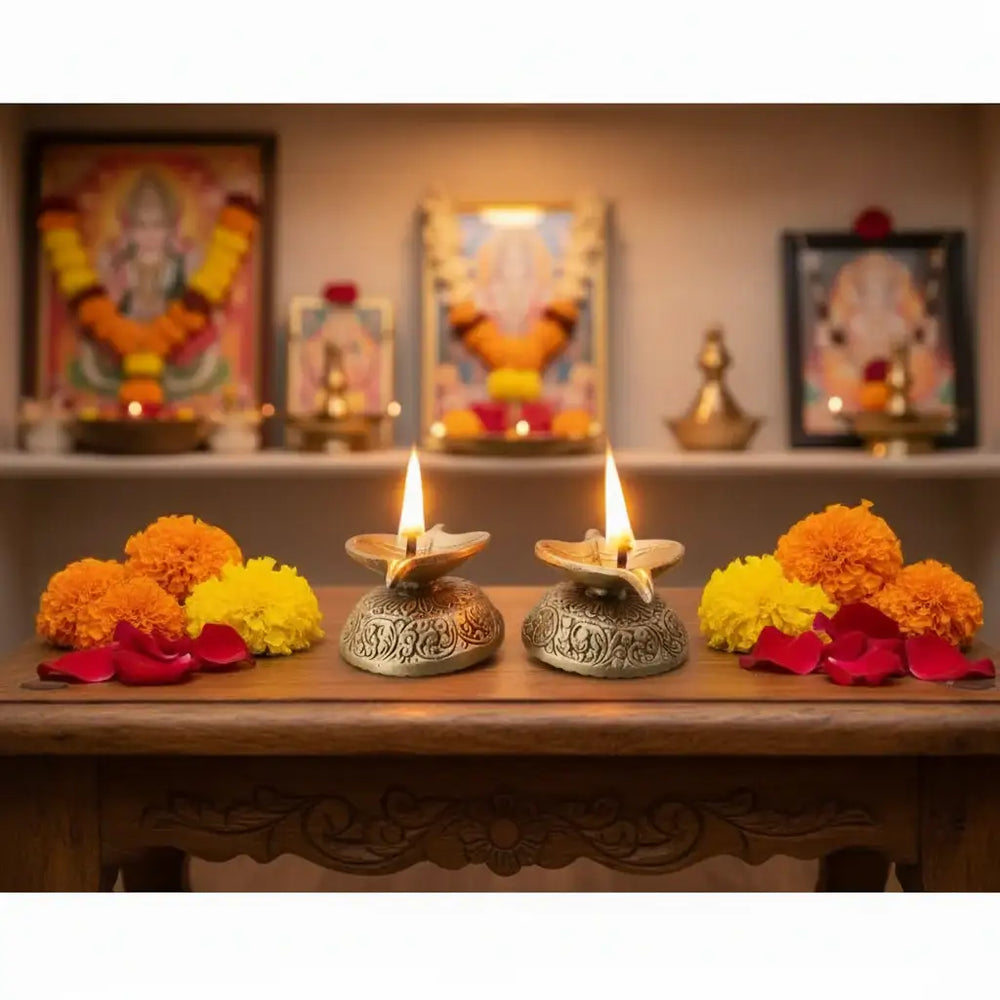 Pair of Ornate Brass Leaf-Shaped Diyas (Oil Lamps)   Brass Ware