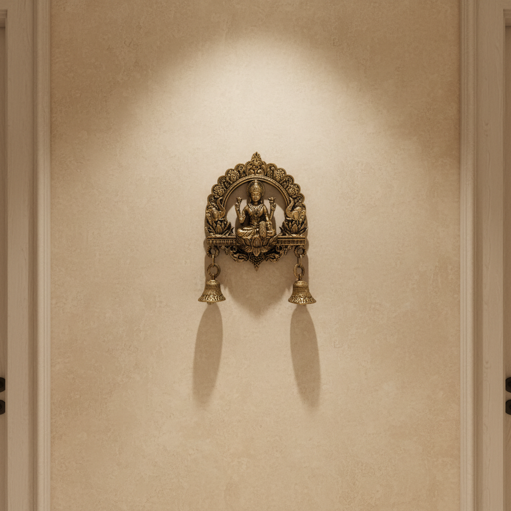 Brass Finish Gajalakshmi Wall Hanging with Bells   Brass Artwork