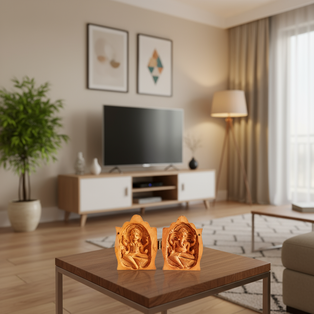 Handcrafted wooden folding shrine featuring Goddess Lakshmi and Lord Ganesha with intricate carvings