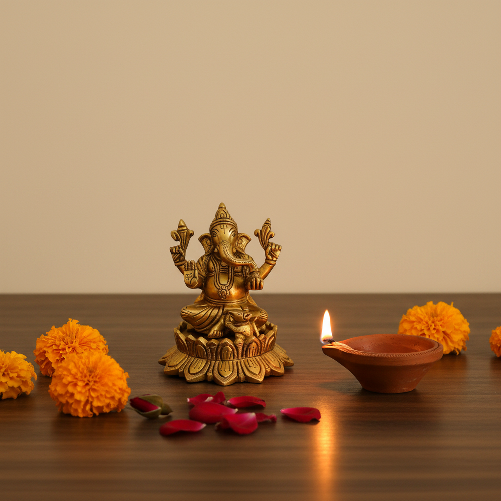 Antique Gold Finish Lord Ganesha on Lotus Statue   Brass Artwork