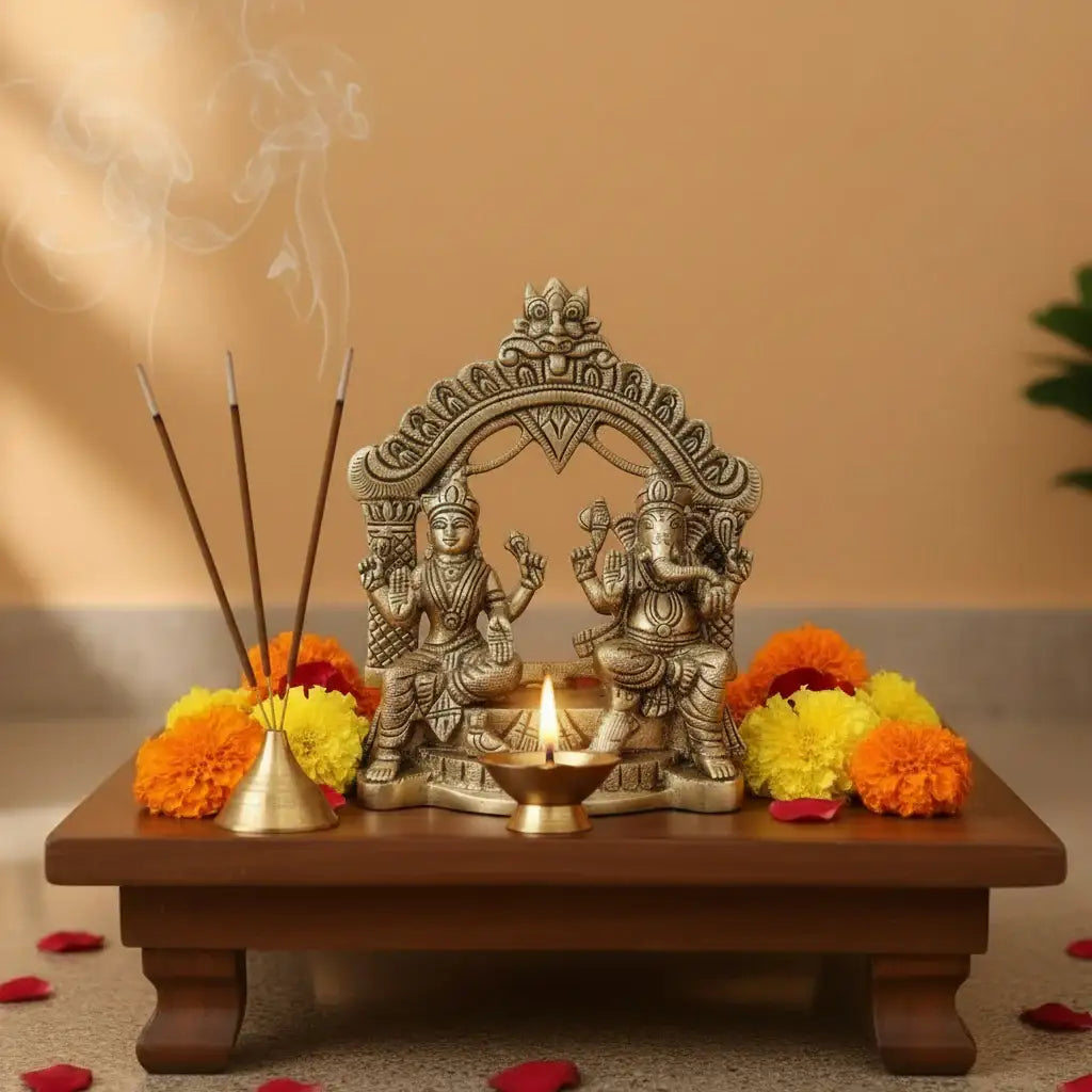 Brass Lakshmi and Ganesha Idol under Archway | Prabhavali   Brass Ware