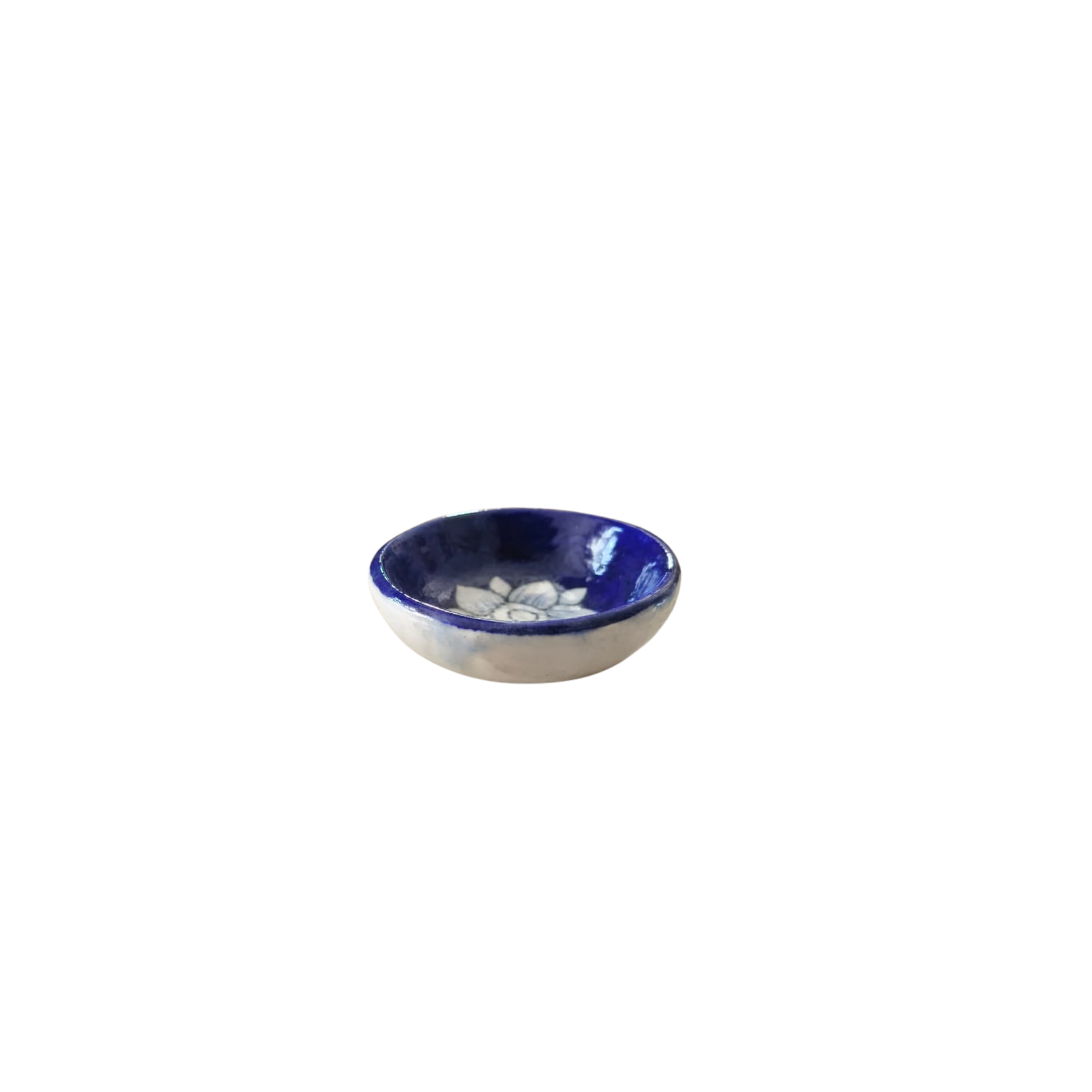 Round Blue Pottery Diya with Floral Accent | Hand-Painted Oil Lamp
