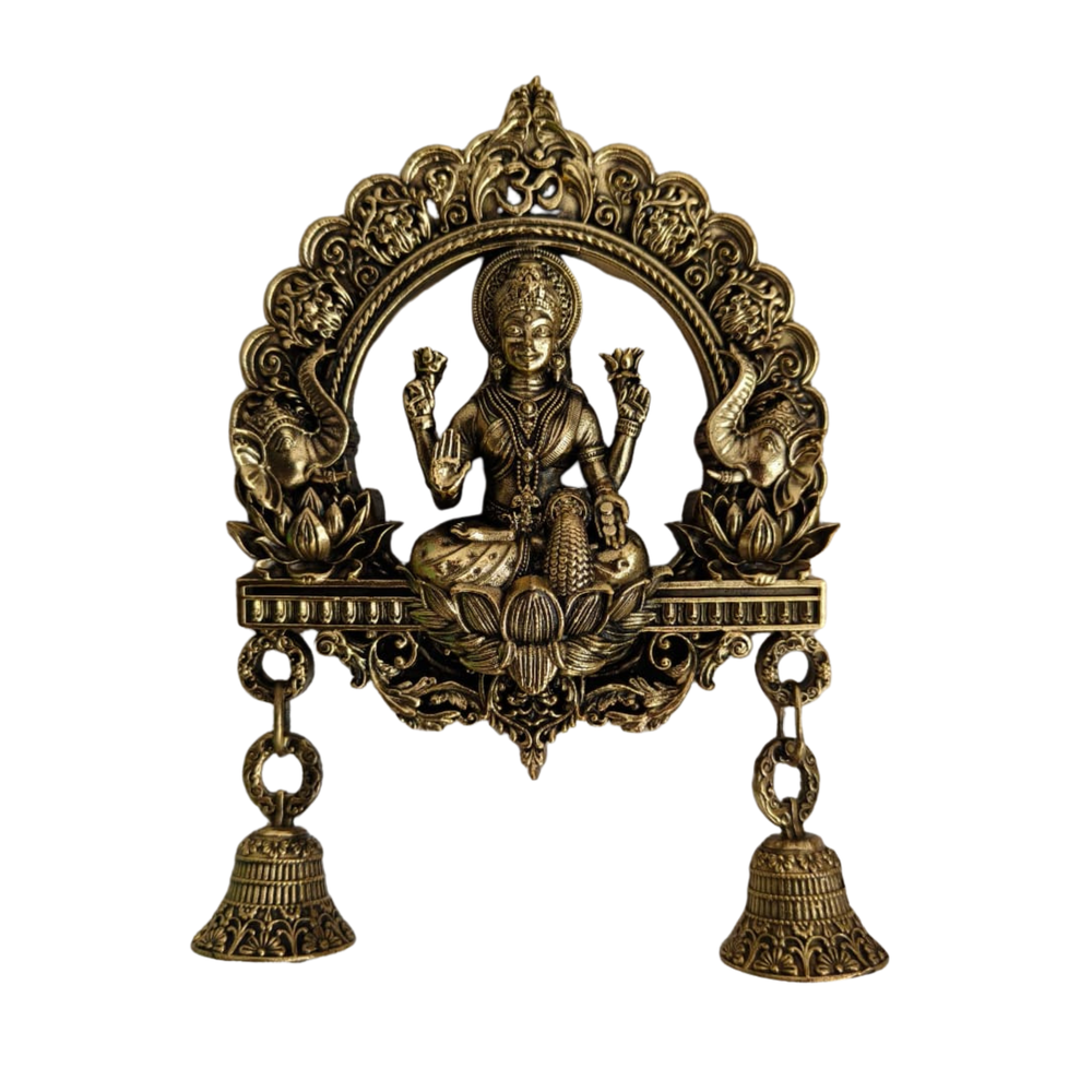 Brass Finish Gajalakshmi Wall Hanging with Bells   Brass Artwork