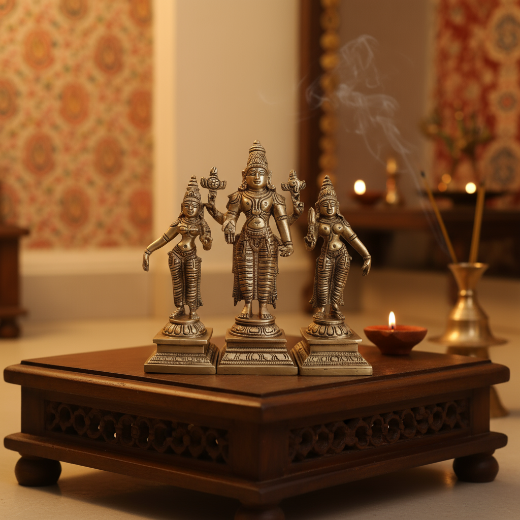 Brass Lord Vishnu with Consorts Idol Set Sridevi & Bhudevi / Lakshmi & Saraswati