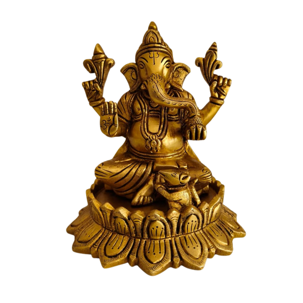 Antique Gold Finish Lord Ganesha on Lotus Statue   Brass Artwork
