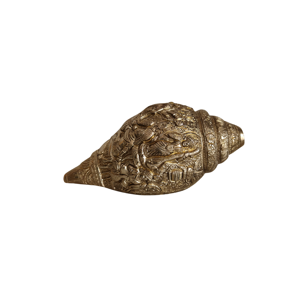 Intricately Carved Brass Shankha with Durga   Pooja Item