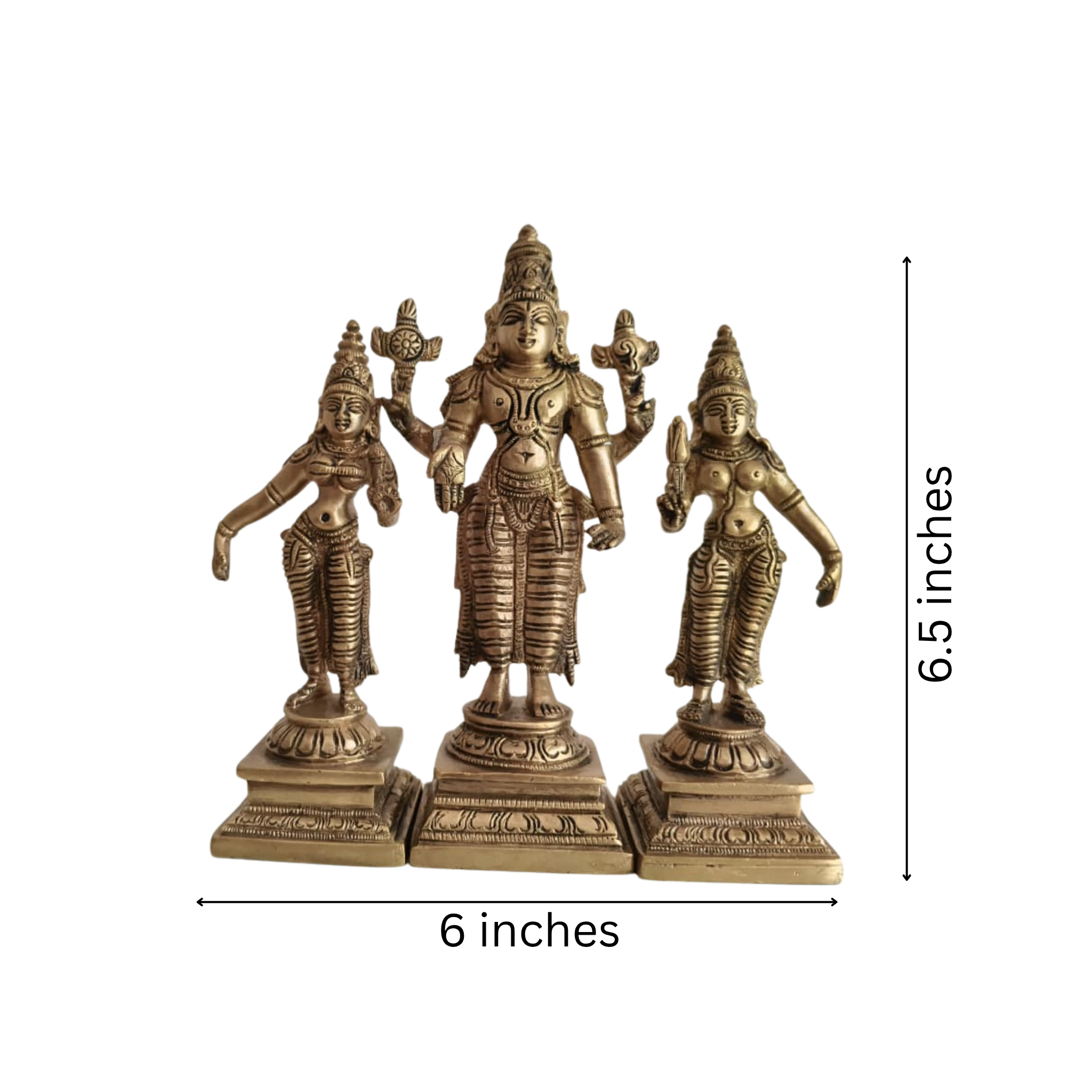 Brass Lord Vishnu with Consorts Idol Set Sridevi & Bhudevi / Lakshmi & Saraswati